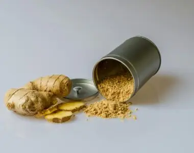 Close-up of fresh ginger root with sliced pieces and ginger powder spilled from a metal container.